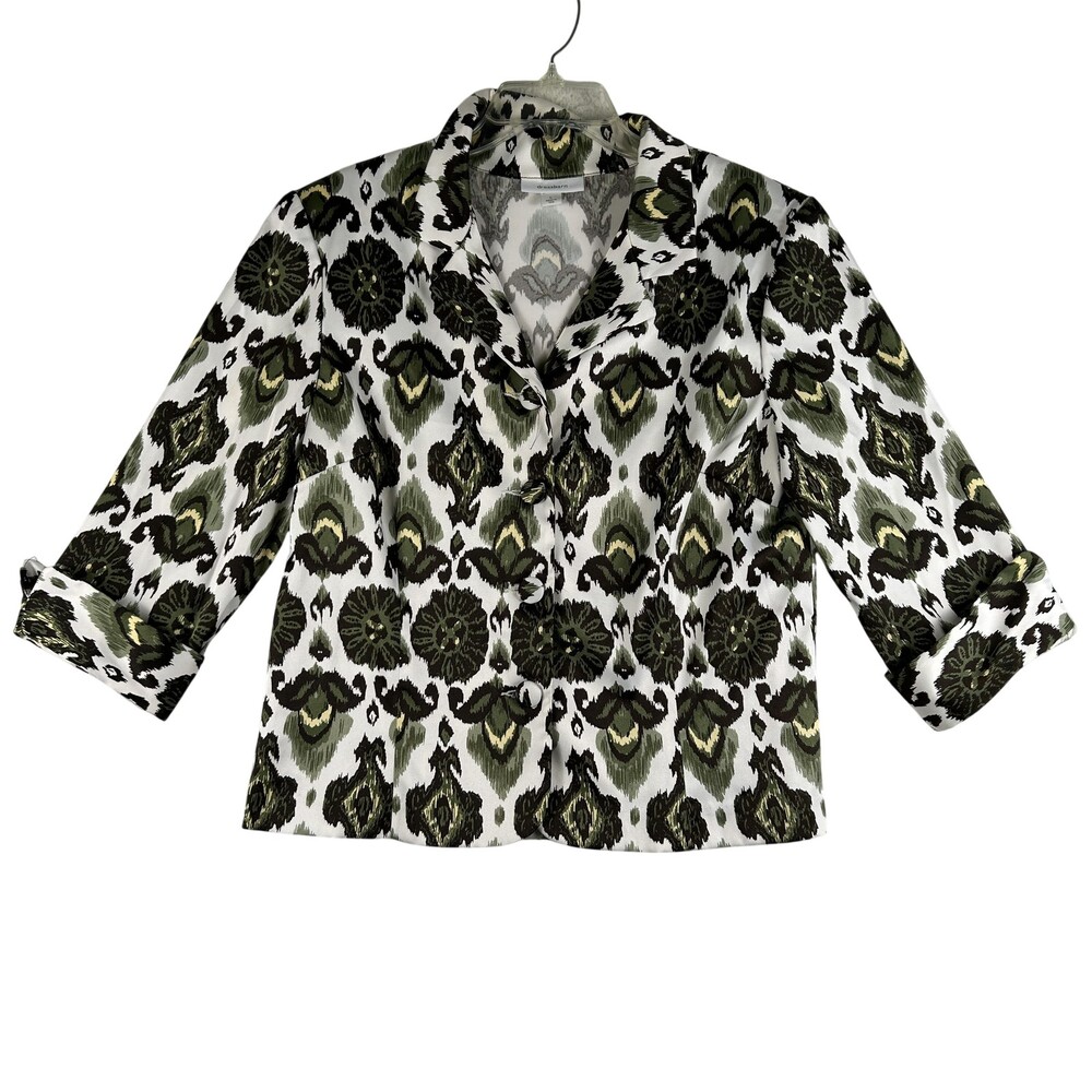 Dressbarn Blazer Womens Large Green Ikat Geometric Button Padded Shoulders USA